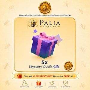 Pode incluir: Um gráfico digital apresentando uma caixa de presente roxa com um laço rosa, cercada por estrelas. O texto inclui Palia Bazaar, 5x Mystery Outfit Gift e You get +1 MYSTERY GIFT Bonus for FREE, com ícones de serviço personalizado e presentes.