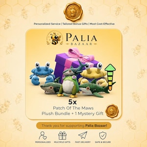 May include: A Palia Bazaar bundle featuring five plush toys including blue and yellow crabs, green sharks, and a green frog, arranged with a purple gift box. Text includes 5x Patch Of The Maws Plush Bundle + 1 Mystery Gift and Personalized Service.