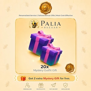 May include: Two purple gift boxes with pink ribbons and bows, labelled 20x Mystery Outfit Gift. The graphic includes the text Palia Bazaar, Personalized Service, Tailored Bonus Gifts, Most Cost-Effective, and Get 2 extra Mystery Gift for free.