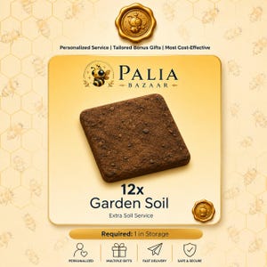Könnte beinhalten: Ein quadratischer Block aus brauner Gartenerde, zentriert auf einem gelben Hintergrund mit Bienenmuster. Der Text lautet Palia Bazaar, 12x Garden Soil, Extra Soil Service und Required: 1 in Storage, zusammen mit Symbolen für personalisiert, mehrere Geschenke, schnelle Lieferung sowie sicher und geschützt.