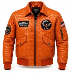 Oranje krokodillenleren bomberjack in Avirex-stijl, hiphop Varsity USA Eagle-patch heren