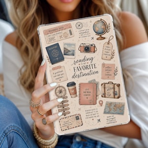 May include: A clear tablet case featuring a travel-themed design with illustrations of a globe, camera, passport, suitcase, and compass. The text reads: reading IS MY FAVORITE destination, A good book can take you anywhere, and other travel quotes.