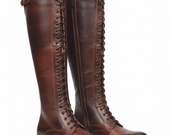 Brown Leather Knee-High Boots, Corset Lace Up Riding Style, Handcrafted Women's Dress