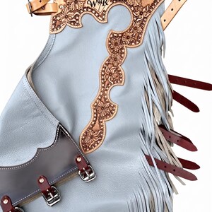 Hand-Tooled Floral Leather Chaps – Western Rodeo Equestrian Fringe Gear