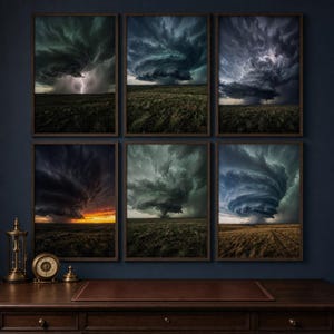 Puede incluir: Un conjunto de seis láminas de arte mural enmarcadas que muestran nubes de tormenta dramáticas, formaciones de supercélulas y rayos sobre campos abiertos. La colección muestra diversos fenómenos meteorológicos en tonos azul oscuro, gris y dorado.