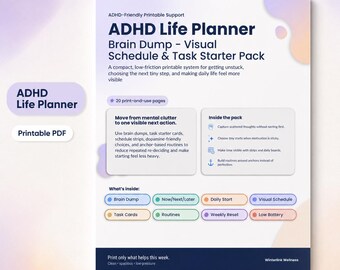 Utskrivbar ADHD-planerare, ifyllbar PDF, hjärndump, visuellt schema, planerare för exekutiva funktioner