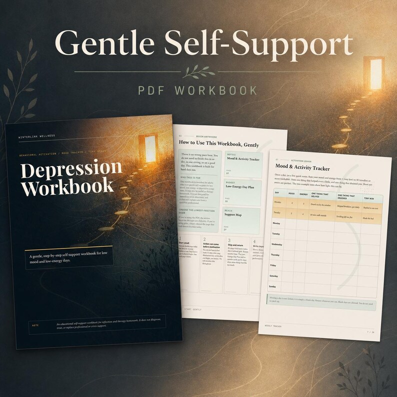 May include: A PDF workbook titled Gentle Self-Support and Depression Workbook, featuring a dark cover with a glowing doorway illustration. Two interior pages are visible, displaying a How to Use This Workbook guide and a Mood & Activity Tracker.