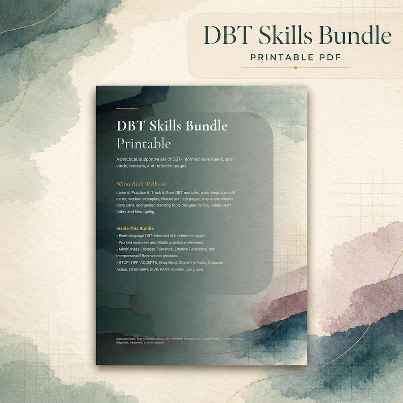 DBT Skills Bundle Printable | Wise Mind Stop Tipp Diary Card, Fillable Therapy Worksheets PDF imagen 1