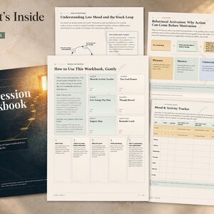 May include: A 34-page Depression Workbook featuring a dark cover with a staircase image and text. Several interior pages are displayed, showing sections titled Understanding Low Mood, Behavioural Activation, and a Mood & Activity Tracker grid.
