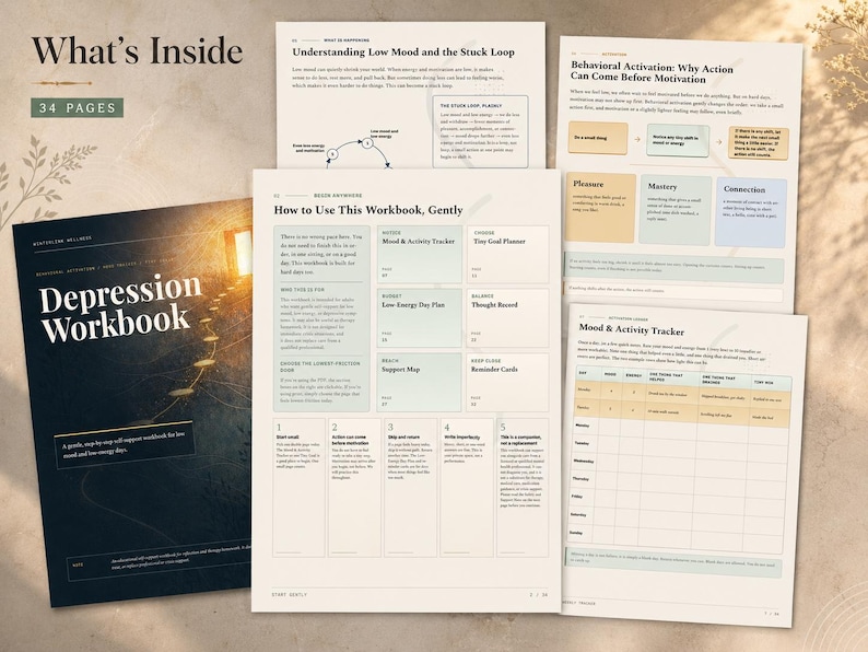 May include: A 34-page Depression Workbook featuring a dark cover with a staircase image and text. Several interior pages are displayed, showing sections titled Understanding Low Mood, Behavioural Activation, and a Mood & Activity Tracker grid.
