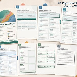 K&ouml;nnte beinhalten: Ein 23-seitiges druckbares Paket mit Bew&auml;ltigungskarten und Arbeitsbl&auml;ttern bei Angstzust&auml;nden. Die Dokumente haben wei&szlig;e Hintergr&uuml;nde mit dunkelgr&uuml;nem Text, &Uuml;berschriften und R&auml;ndern. Das Deckblatt zeigt eine mehrschichtige, bunte Grafik.