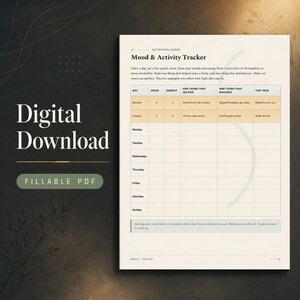 May include: A digital download fillable PDF mood and activity tracker page. The document features a table with columns for day, mood, energy, one thing that helped, one thing that drained, and tiny win, with two example rows filled in.
