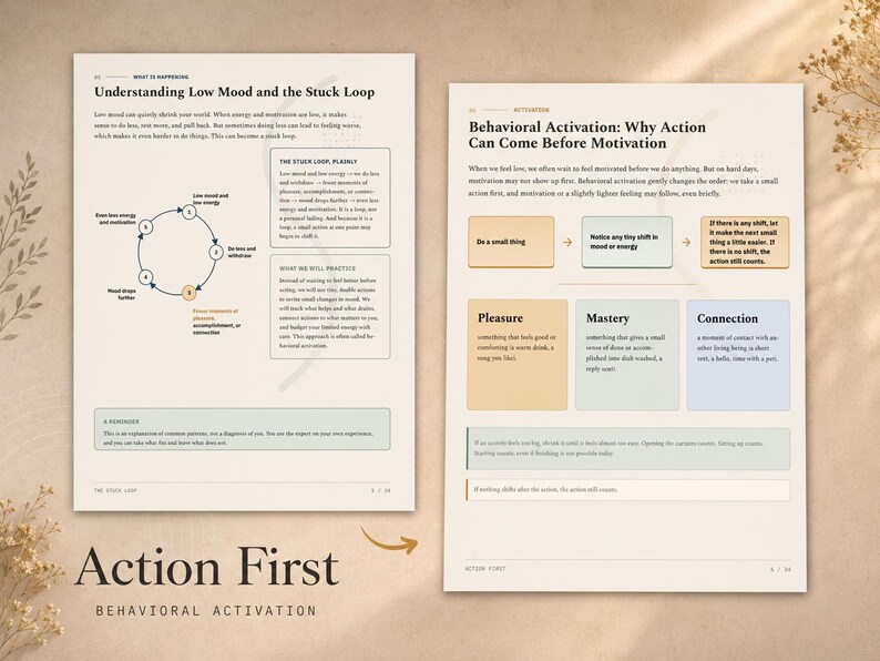 May include: Two educational pages titled Understanding Low Mood and the Stuck Loop and Behavioral Activation: Why Action Can Come Before Motivation. The documents feature diagrams, text boxes, and bullet points in black, beige, blue, and orange.