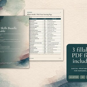 May include: A DBT Skills Bundle printable set featuring a cover page with watercolor accents, a table of contents page titled What's Inside, and a dark green square graphic stating 3 fillable PDF files included for US Letter and A4 sizes.