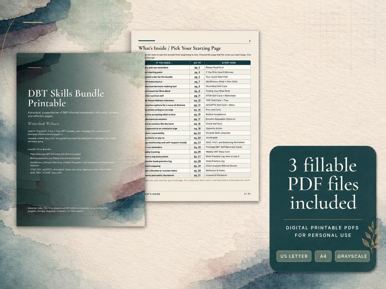 May include: A DBT Skills Bundle printable set featuring a cover page with watercolor accents, a table of contents page titled What's Inside, and a dark green square graphic stating 3 fillable PDF files included for US Letter and A4 sizes.