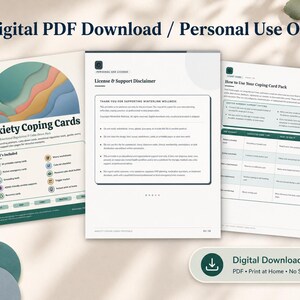 K&ouml;nnte beinhalten: Ein digitaler PDF-Download von Angstbew&auml;ltigungskarten mit einer mehrfarbigen, geschichteten Bogengrafik. Das Dokument enth&auml;lt einen Lizenz- und Support-Haftungsausschluss, eine Anleitung zur Verwendung und eine Tabelle mit Bew&auml;ltigungsmethoden.