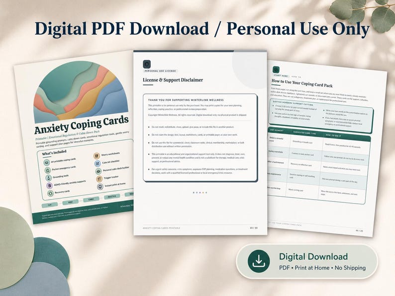 K&ouml;nnte beinhalten: Ein digitaler PDF-Download von Angstbew&auml;ltigungskarten mit einer mehrfarbigen, geschichteten Bogengrafik. Das Dokument enth&auml;lt einen Lizenz- und Support-Haftungsausschluss, eine Anleitung zur Verwendung und eine Tabelle mit Bew&auml;ltigungsmethoden.
