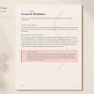 May include: A document page titled License & Disclaimer for the Winterlink Wellness Depression Workbook. It outlines personal use terms, an educational self-support disclaimer, and a safety reminder box regarding emergency services and mental health.