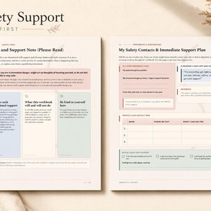 May include: Two pages of a mental health workbook titled Safety Support. The left page includes a Safety and Support Note with sections on professional support and self-kindness. The right page features a My Safety Contacts and Immediate Support Plan.