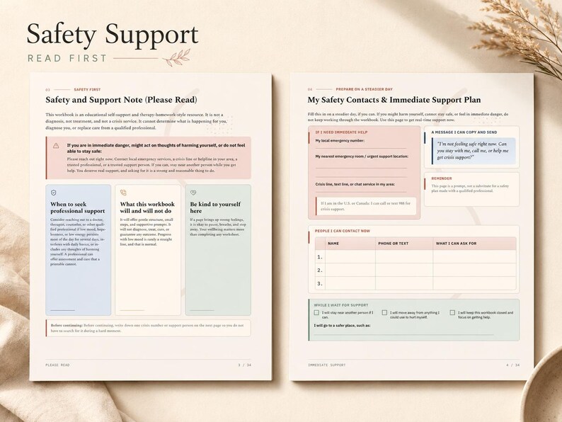 May include: Two pages of a mental health workbook titled Safety Support. The left page includes a Safety and Support Note with sections on professional support and self-kindness. The right page features a My Safety Contacts and Immediate Support Plan.