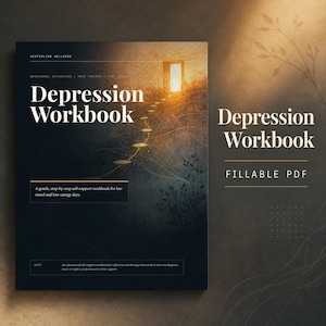 May include: A Depression Workbook fillable PDF with a dark cover featuring a glowing doorway at the top of a path of light. The text reads Winterlink Wellness, Behavioural Activation, Mood Tracker, Tiny Goals, Depression Workbook, and a note.