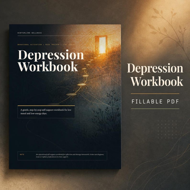 May include: A Depression Workbook fillable PDF with a dark cover featuring a glowing doorway at the top of a path of light. The text reads Winterlink Wellness, Behavioural Activation, Mood Tracker, Tiny Goals, Depression Workbook, and a note.