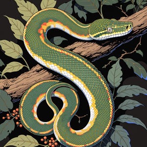 May include: A green snake with yellow and orange scales coiled around a brown tree branch. The snake has a patterned body and is surrounded by green leaves and small clusters of orange berries against a solid black background.