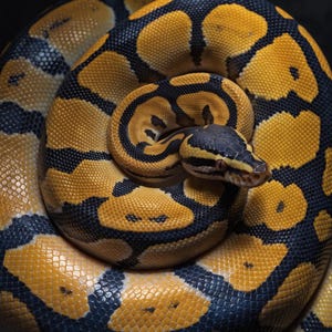 May include: A ball python coiled in a tight circle, displaying a vibrant pattern of bright yellow and deep black scales. The snake's head is positioned at the center of the coil, facing forward with visible eyes and a textured, scaly skin surface.