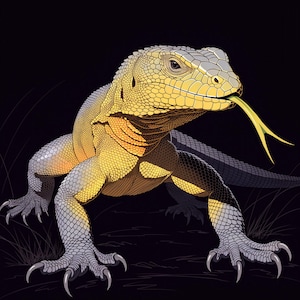 May include: A detailed illustration of a lizard with textured yellow and grey scales, sharp claws on its feet, and a long, forked yellow tongue extended from its mouth. The creature is depicted against a solid black background with fine lines.