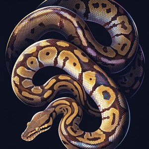 May include: A ball python coiled in a circular shape against a dark background. The snake features a distinct pattern of golden-yellow and dark brown blotches across its scales, with a smooth, reflective texture and a visible head and eye.
