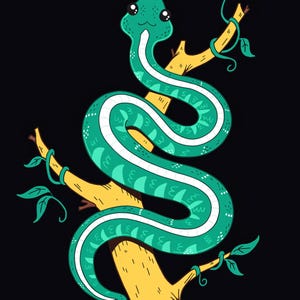 May include: A stylized illustration of a teal snake with a white underbelly and dark spots coiled around a yellow tree branch. The snake has large black eyes with white highlights and is set against a solid black background.
