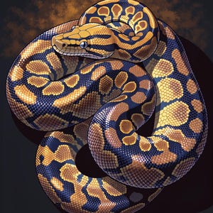 May include: A coiled ball python with a distinct pattern of dark navy blue and vibrant golden-yellow scales. The snake is positioned in a circular loop, showcasing its textured skin, reflective eyes, and the intricate, repeating blotched markings.