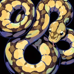 May include: A digital illustration of a ball python coiled against a black background. The snake features a pattern of yellow, brown, and dark green scales with a halftone dot texture. It has large, dark eyes and a small pink tongue flicking out.