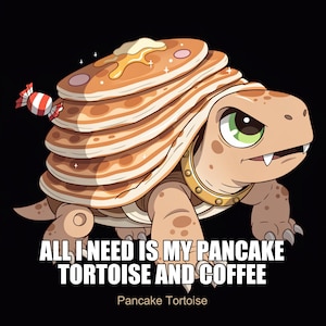 May include: A graphic illustration of a tan tortoise with a stack of pancakes as its shell, topped with butter and syrup. A red and white candy floats nearby. The text reads: ALL I NEED IS MY PANCAKE TORTOISE AND COFFEE. Pancake Tortoise.