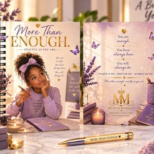 May include: Two spiral-bound notebooks featuring purple and gold accents. The left cover shows a young person with a purple headband and the text More Than ENOUGH. The right cover displays lavender sprigs, a candle, and the text You are enough.