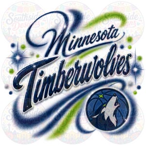 May include: A graphic design featuring the text Minnesota Timberwolves in a dark blue airbrushed script font. The design includes a circular logo with a howling wolf silhouette, accented by streaks of green and blue, and small star-like sparkles.