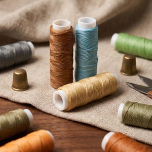 May include: Multiple spools of waxed thread in various colors including brown, light blue, beige, green, and orange, arranged with two metallic thimbles and a pair of scissors on a textured beige fabric surface.