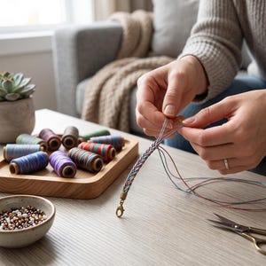 May include: A braided bracelet made of multi-colored threads featuring a brass lobster clasp. The bracelet is being crafted with loose strands of blue, pink, and grey thread, with a wooden tray of thread spools and a bowl of small beads nearby.
