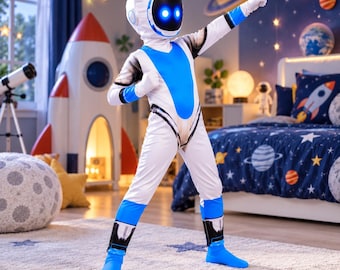 子供用ロボットコスチューム、未来型ロボットハロウィンコスチューム、青と白のSFコスチューム、宇宙ロボット衣装、子供用コスプレコスチューム