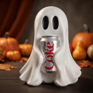 May include: A white ceramic ghost figurine with two black oval eyes, holding a silver Diet Coke aluminium can in its arms. The ghost has a smooth, draped appearance with flowing folds at the base, designed to securely hold the beverage container.