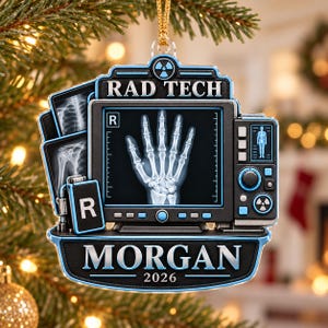 Personalized Acrylic Christmas Ornament: Rad Tech X-Ray Monitor with Blue and Black Details