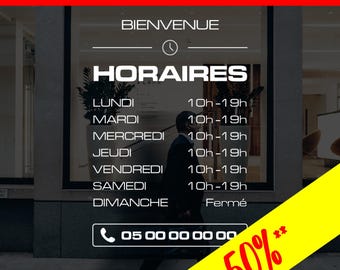 Sticker Horaires d’ouverture | Vitrophanie Vinyle Adhésif Personnalisé | Signalétique Vitrine, Boutique, Magasin | Lettrage Professionnel