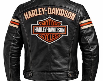 Harley Davidson motorjas voor heren, gemaakt van echt rundleer, in race- en bikerstijl. Duty Free Service.
