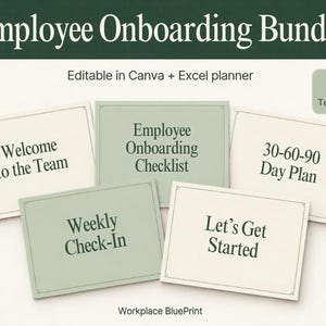 Op de afbeelding: Een Employee Onboarding Bundle met 10 sjablonen die bewerkbaar zijn in Canva en Excel. De set bevat kaarten met de teksten Welcome to the Team, Employee Onboarding Checklist, 30-60-90 Day Plan, Weekly Check-In en Let's Get Started in groen.