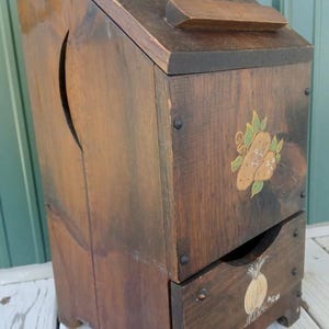 Vintage Potato Onion Bin Handmade Painted Signed Solid Wood Lid Draw Primitive Rustic Farmhouse Granny Cottage Moon Hinged Large 1980s