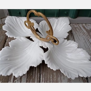 Vintage California Pottery Ceramic Serving Tray 4 Section Dish Gold Metal Handle Loop Ornate Leaf MCM Hollywood Regency Victorian 1950s 60s