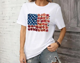 Floral American Flag T-Shirt, Patriotic Red White Blue Tee, Fourth of July Flower Shirt