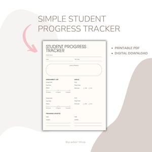 Puede incluir: Un documento imprimible de seguimiento del progreso del estudiante en blanco con texto negro. El formulario incluye secciones para el nombre del estudiante, clase, fecha de inicio, objetivos de aprendizaje, listas de tareas y metas.