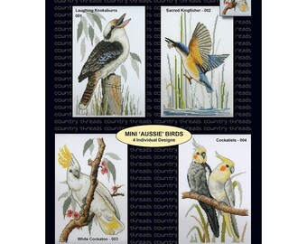 Mini Aussie Birds Cross Stitch Chart, Kookaburra, Kingfisher, Cockatoo Designs