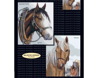 Majestic Horses: Clydesdale & Palomino, two counted cross stitch charts by Country Threads, OPTIONAL aida, DMC threads.